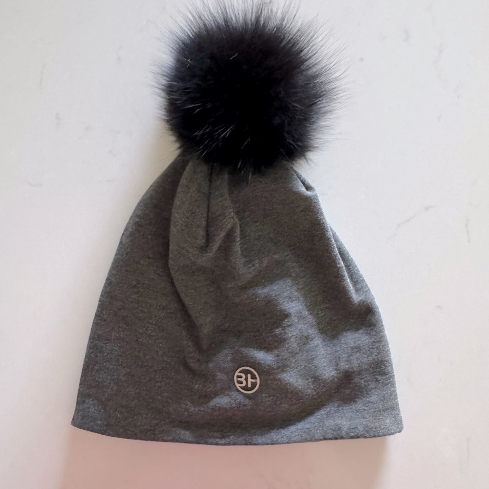 BH Gray Beanie with Black Real Rabbit Fur Pom Pom